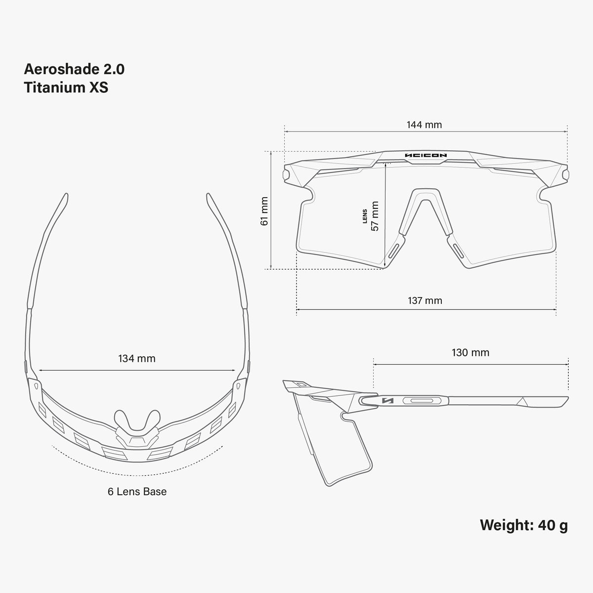 Aeroshade 2.0 Titanium XS Matte Black Photochromic Blue Green dimensions